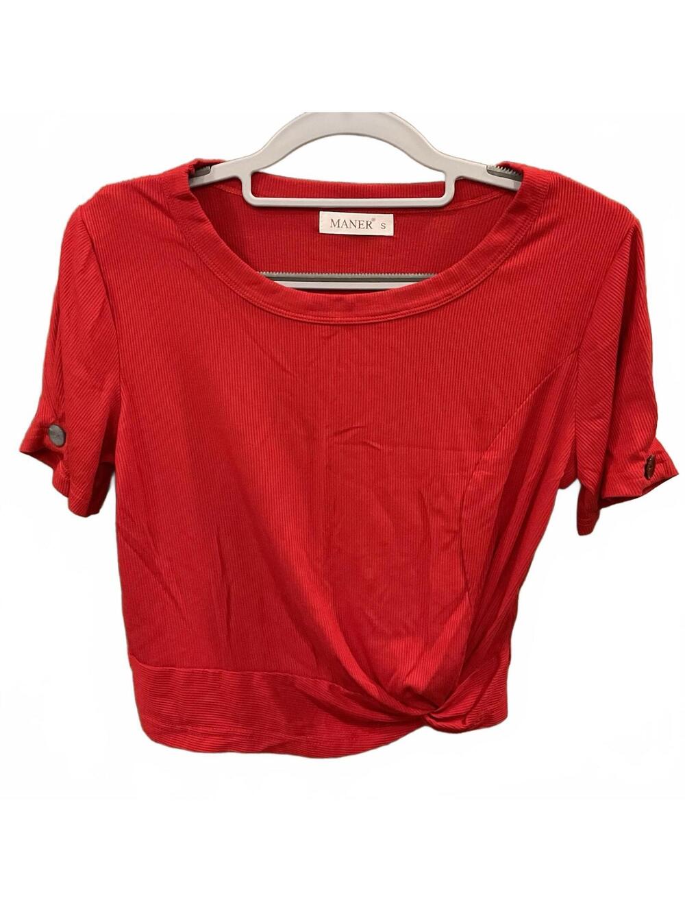 Maner Womens Short Sleeve W/ Button Round Neck Ribbed Red Cropped Blouse Size S